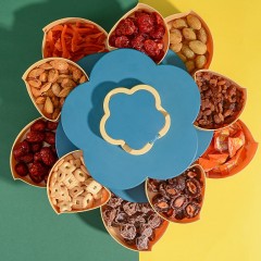 糖果盒旋轉(zhuǎn)花朵客廳家用干果堅(jiān)果零食盒帶蓋分格茶幾果盤多格果盒