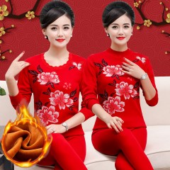 本命年大紅色中老年保暖內衣套裝女加厚加絨媽媽純棉秋衣秋褲大碼