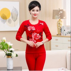 本命年大紅色中老年保暖內衣套裝女加厚加絨媽媽純棉秋衣秋褲大碼