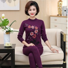 本命年大紅色中老年保暖內衣套裝女加厚加絨媽媽純棉秋衣秋褲大碼