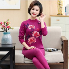 本命年大紅色中老年保暖內衣套裝女加厚加絨媽媽純棉秋衣秋褲大碼