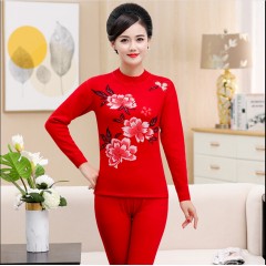 本命年大紅色中老年保暖內衣套裝女加厚加絨媽媽純棉秋衣秋褲大碼